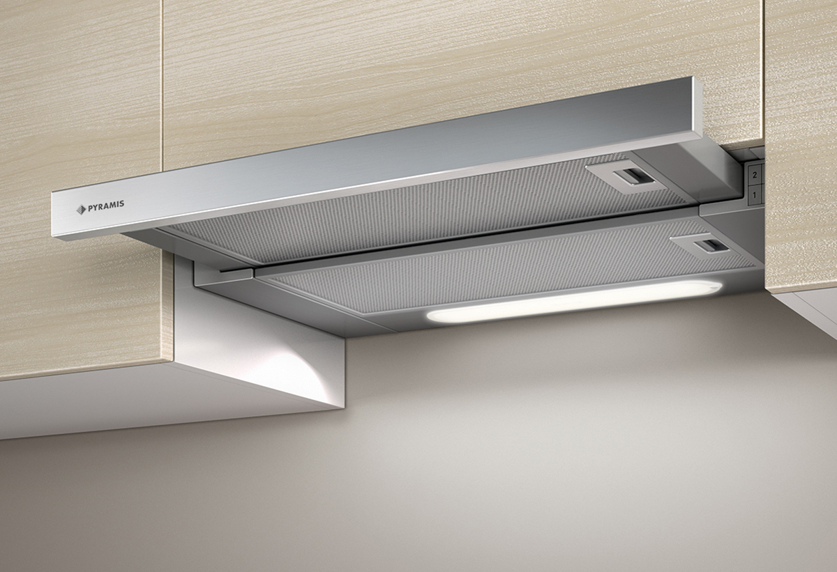 Φαίνεται ο απορροφητήρας εγκατεστημένος σε μια κουζίνα.